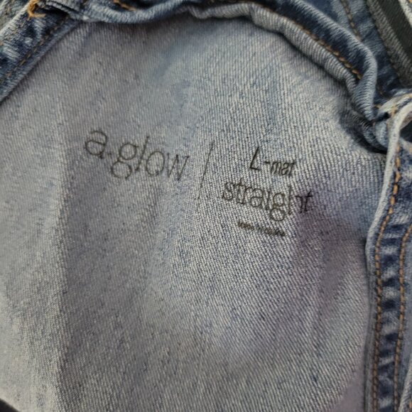 A Glow Maternity Straight Leg Bib Overalls Denim Jeans Blue Distressed Large Adj - Picture 12 of 14